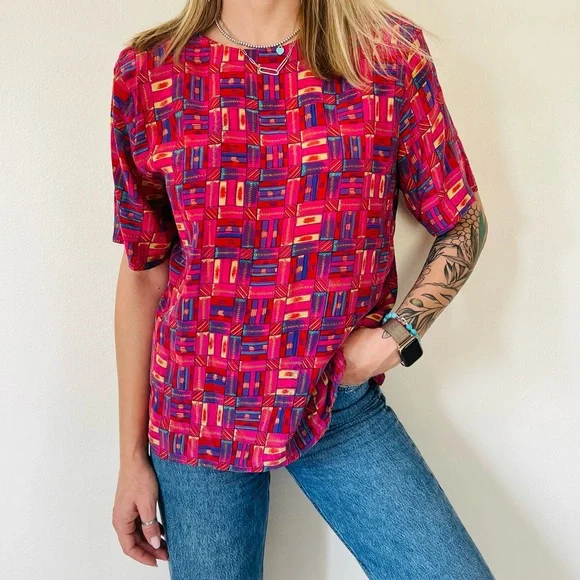 Vintage QUO-SILK Contrast abstract boho Top t-Shirt 100%silk - Picture 2 of 8